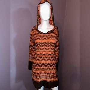 Prana Pullover Sweater Dress with Hood Brown and Orange Abstract Pattern, Size S